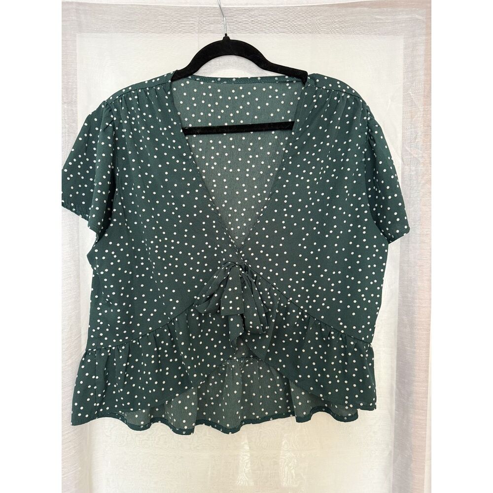 Forest Green Polka Dot Tie-Front Ruffle Blouse